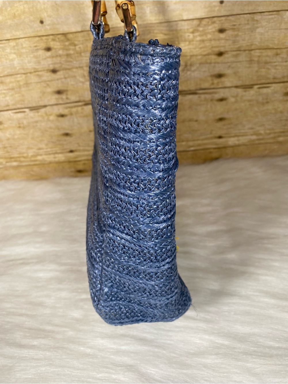 Haute Hippie Blue Straw Tote with Multicolor Floral Appliqués and Bamboo Handles - Picture 3 of 11